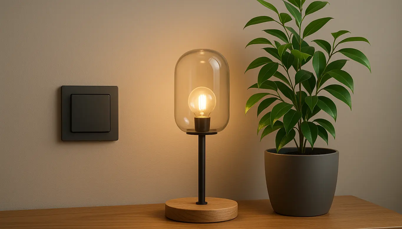 lampa s kvetom na hnedom stolíku