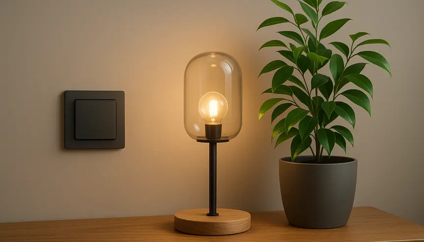 lampa s kvetom na hnedom stolíku