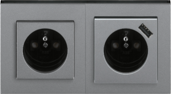 LevitM oceľová / dymová čierna: Zásuvka jednonásobná s clonkami / Zásuvka jednonásobná s clonkami - s USB nabíjaním