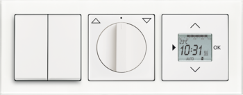 Busch-axcent studio bílá / bílé sklo: Přepínač sériový / přepínač střídavý dvojitý / ovladač dvojitý, Spínač / ovladač žaluziový s otočným ovladačem, Termostat prostorový / termostat podlahový s týdenními spínacími hodinami
