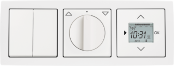 solo štúdiová biela: Prepínač sériový / prepínač striedavý dvojitý / ovládač dvojitý, Spínač / ovládač žalúziový s otočným ovládačom, Termostat priestorový / termostat podlahový s týždennými spínacími hodinami