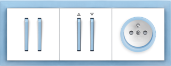 Neo biela / ľadová modrá: Prepínač sériový / prepínač striedavý dvojitý / ovládač dvojitý, Spínač / ovládač žalúziový, Zásuvka jednonásobná s clonkami