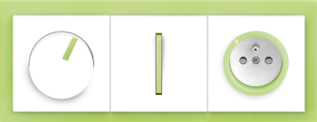 Neo biela / ľadová zelená: Stmievač s otočným ovládačom, Spínač / prepínač / ovládač s možnosťou orientačného alebo signalizačného podsvietenia,  Zásuvka jednonásobná s clonkami - s ochranou pred prepätím