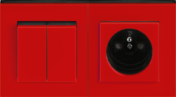 Levit červená / dymová čierna: Prepínač sériový / prepínač striedavý dvojitý / ovládač dvojitý, Zásuvka jednonásobná s clonkami