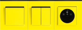 Levit žltá / dymová čierna: Spínač / prepínač / ovládač, prepínač sériový / prepínač striedavý dvojitý / ovládač dvojitý, Zásuvka jednonásobná s clonkami