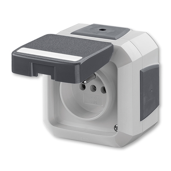 Zásuvka jednonásobná IP 54, s ochranným kolíkom, s viečkom, s popisovým poľom, pre priebežnú montáž, šedá, bezskrutkové svorky