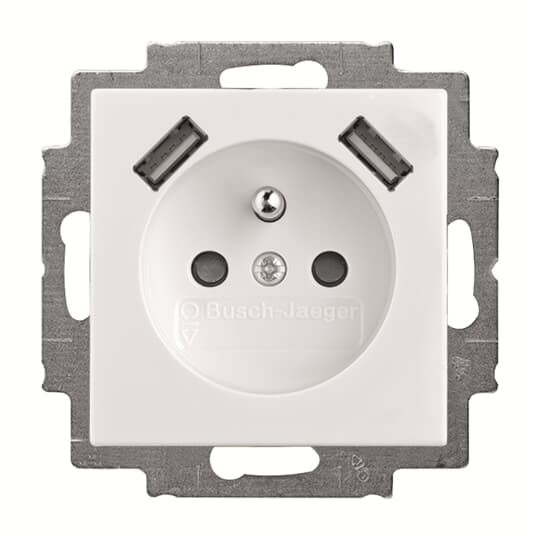 Zásuvka jednonásobná s ochranným kolíkom, s clonkami, s nabíjaním 2x USB-A, biela