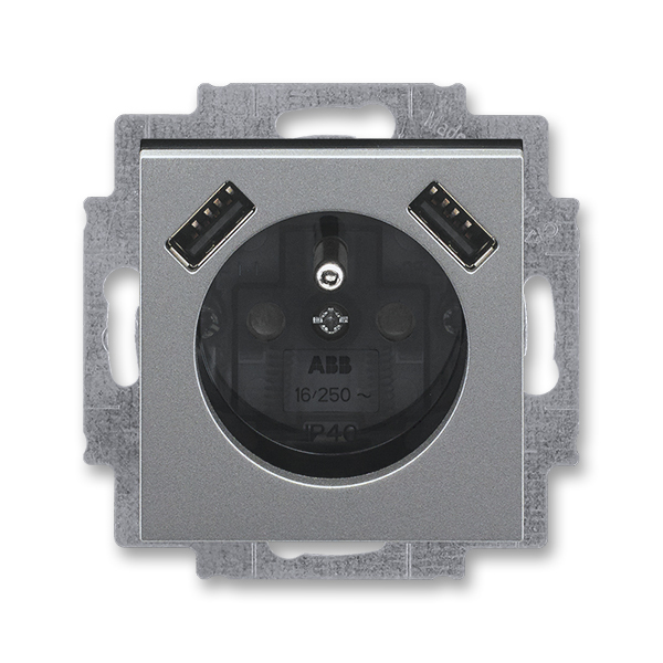 Zásuvka jednonásobná s ochranným kolíkom, s clonkami, s nabíjaním 2x USB-A, Tango®, oceľová / dymová čierna