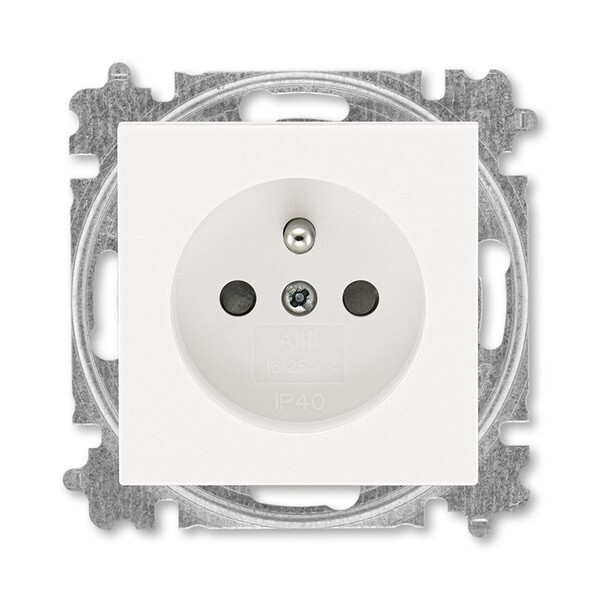 Zásuvka jednonásobná 55×55, s ochranným kolíkom, s integrovanými clonkami, perleťová / ľadová biela
