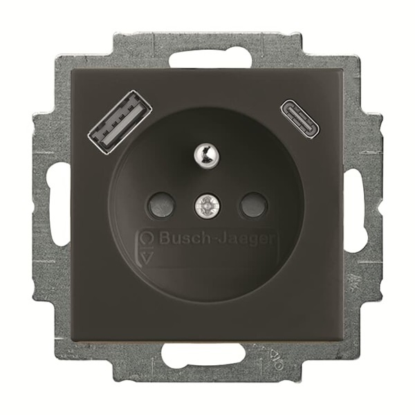 Zásuvka jednonásobná s ochranným kolíkom, s clonkami, s nabíjaním (USB-A + USB-C), grafit šedá
