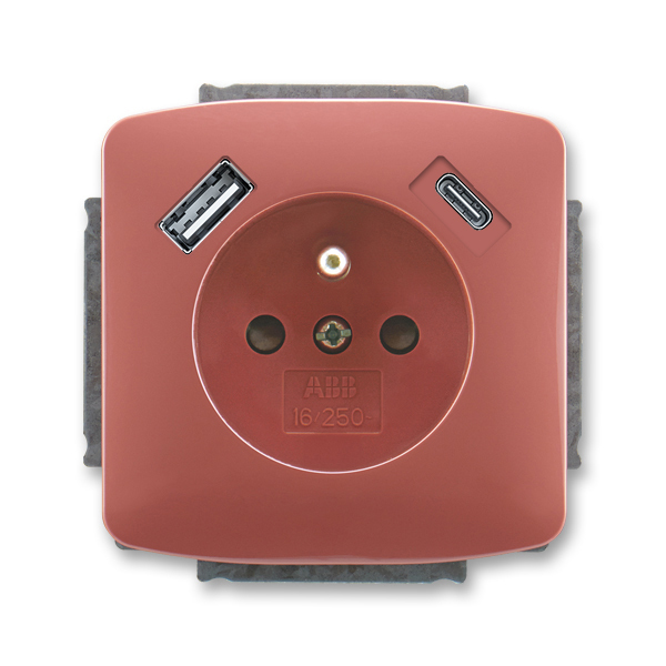 Zásuvka jednonásobná s ochranným kolíkom, s clonkami, s USB nabíjaním (USB-A + USB-C), Tango®, vresová červená