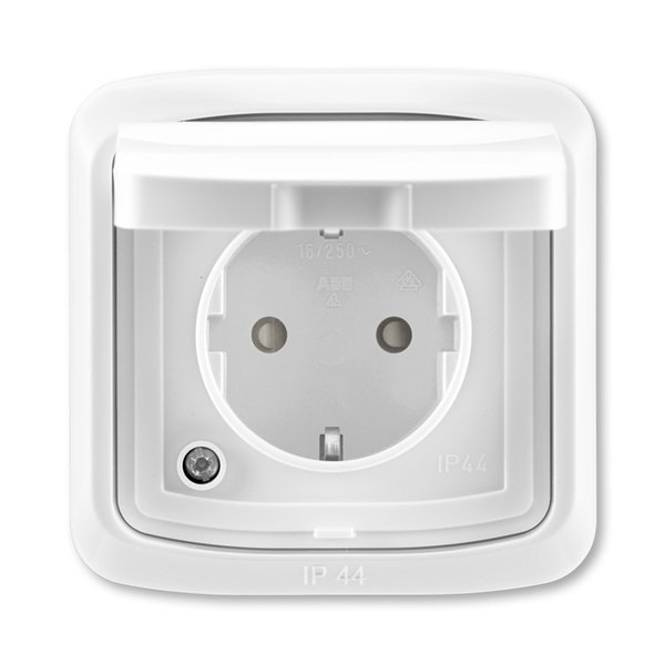 Zásuvka jednonásobná IP 44, s ochrannými kontaktmi (podľa DIN), s clonkami, s viečkom, biela