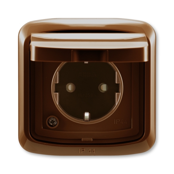 Zásuvka jednonásobná IP 44, s ochrannými kontaktmi (podľa DIN), s clonkami, s viečkom, hnedá