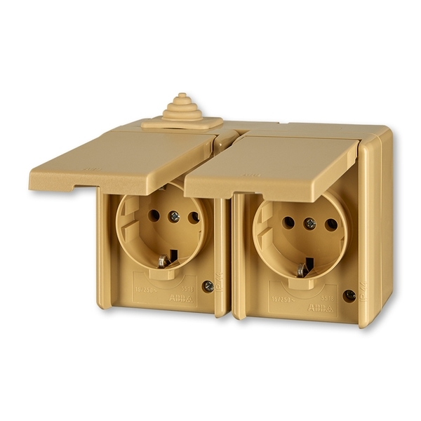 Zásuvka dvojnásobná IP 44, s ochrannými kontaktmi (podľa DIN), s viečkami, Praktik, béžová